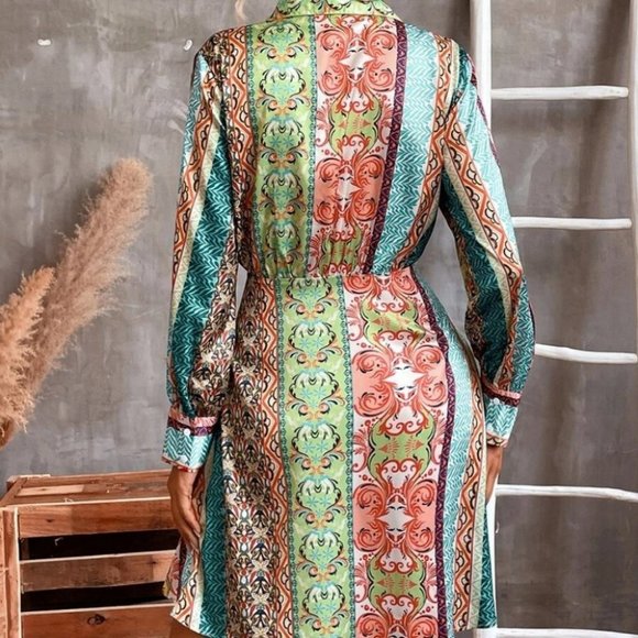 Print Button Front Long sleeve Boho Shirt Dress - Picture 5 of 6